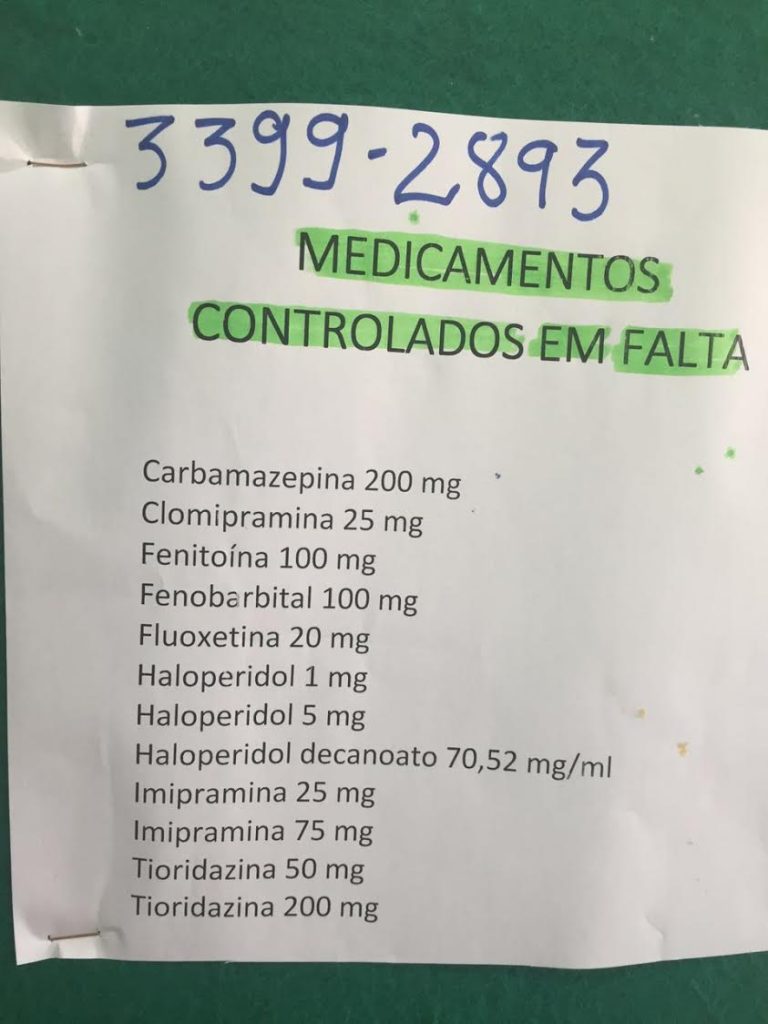 Lista de medicamentos em falta no ISM do Riacho Fundo I