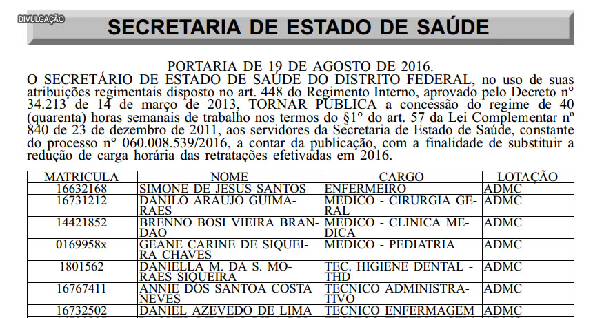 SESDF concede jornada de trabalho de 40 horas