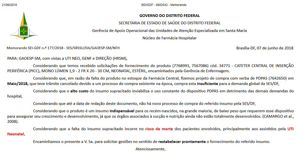 Memorando enviado ao GDF denuncia desabastecimento em hospital de Santa Maria (Foto: Reprodução)