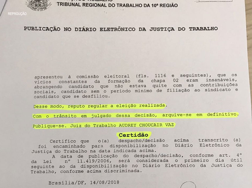Justiça do Trabalho certifica eleição do Sindate